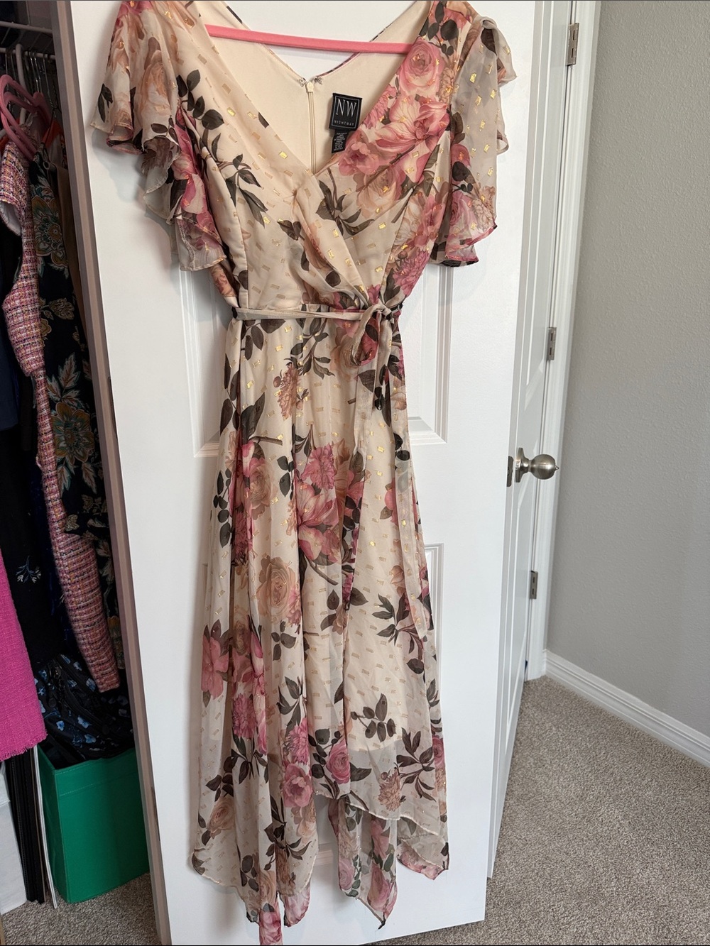 Night Way Collections Cream Floral Wrap Dress with Pink Roses and Gold Accents